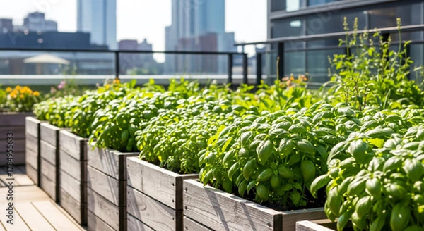 Obraz Urban rooftop garden with rows of basil plants in wooden planters , ai generated image