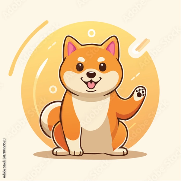 Obraz Cute cartoon shiba inu dog sitting and waving in warm colorful circular background illustration