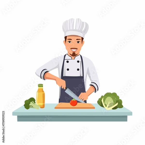 Obraz Cartoon chef chopping tomato on cutting board beside oil bottle and fresh vegetables