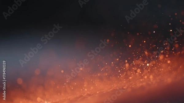Fototapeta Fire sparks and glowing embers flying in dark space, abstract warm light frame from above and below