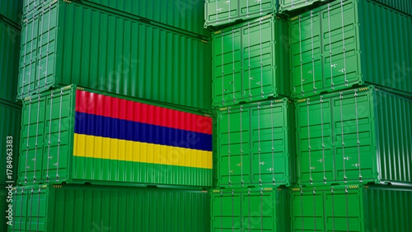 Obraz Cargo shipping container with Mauritius flag, shipping and freight transportation of Mauritius concept.