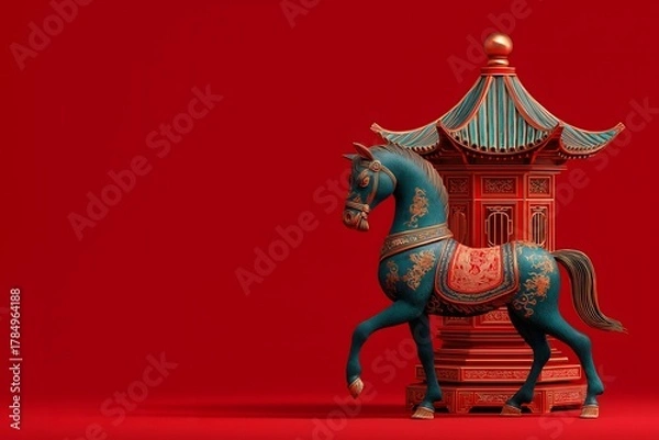 Fototapeta Colorful Chinese Horse Figurine with Decorative Pavilion Background