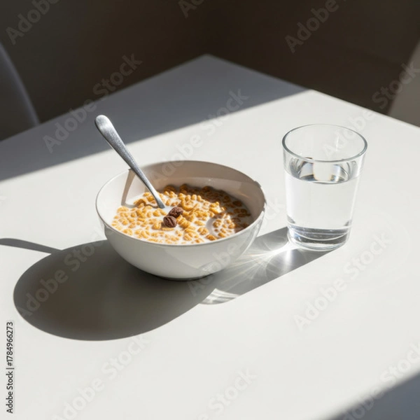 Fototapeta A white bowl of cereal with milk and a spoon next to a glass of water on a white table