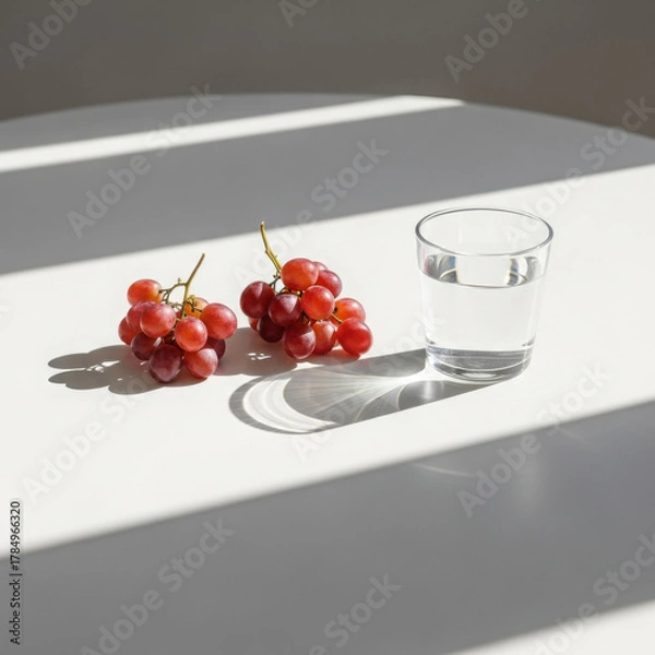 Fototapeta Two bunches of ripe red grapes and a clear glass filled with water sit on a white surface