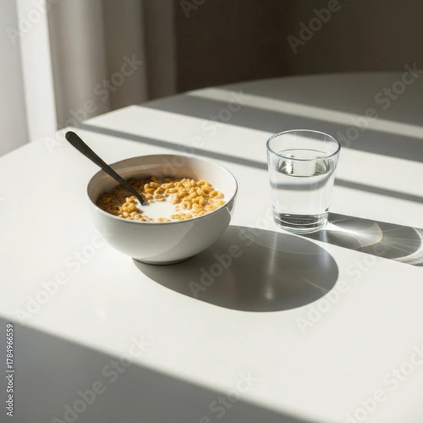 Fototapeta A bowl of cereal with milk and a glass of water on a sunlit white table