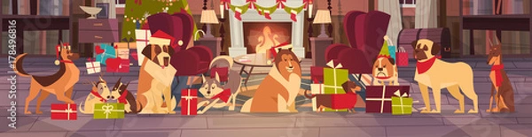 Fototapeta Dogs In Santa Hats In Living Room With Decorated Pine Tree, Merry Christmas And Happy New Year Holiday Poster Design Flat Vector Illustration