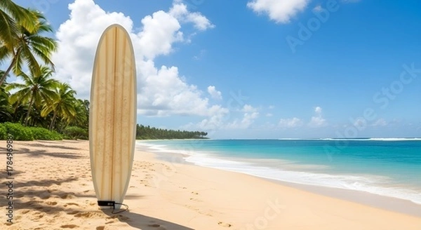 Fototapeta Surfboard on a Sandy Beach with Palm Trees and Turquoise Ocean Under a Blue Sky