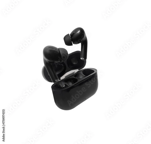 Obraz Black modern wireless headphones isolated on white background. Copy space