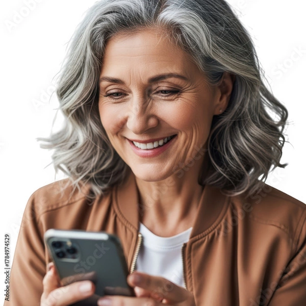 Obraz Smiling mature woman looking at her smartphone isolated on transparent background
