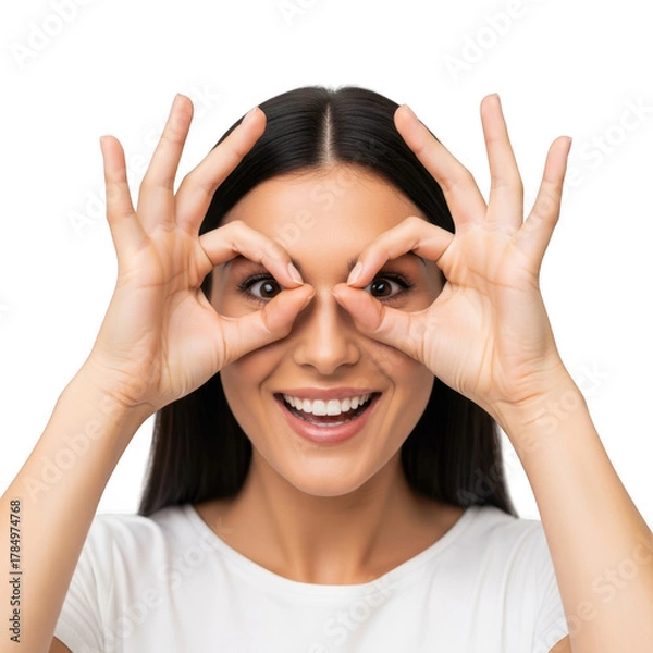 Fototapeta Woman making binoculars gesture with hands isolated on transparent background