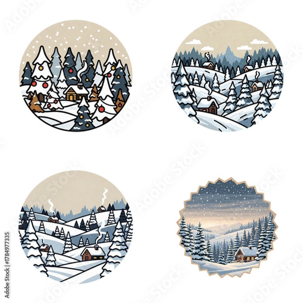Fototapeta Winter landscape illustrations with snowy trees and cabins  
