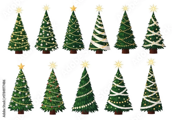 Fototapeta Collection of ten decorated christmas trees isolated on transparent background