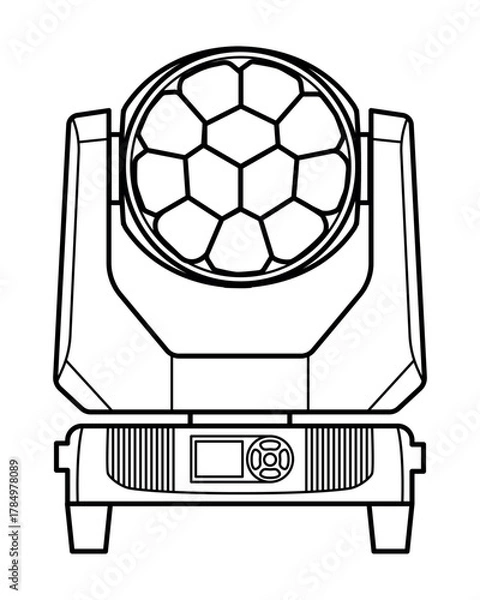Fototapeta Minimal line art illustration of a professional LED moving head stage light. Clean outline style, suitable for lighting equipment catalogs, technical guides, event design, and stock graphics.