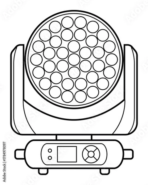 Fototapeta Minimal line art illustration of a professional LED moving head stage light. Clean outline style, suitable for lighting equipment catalogs, technical guides, event design, and stock graphics.