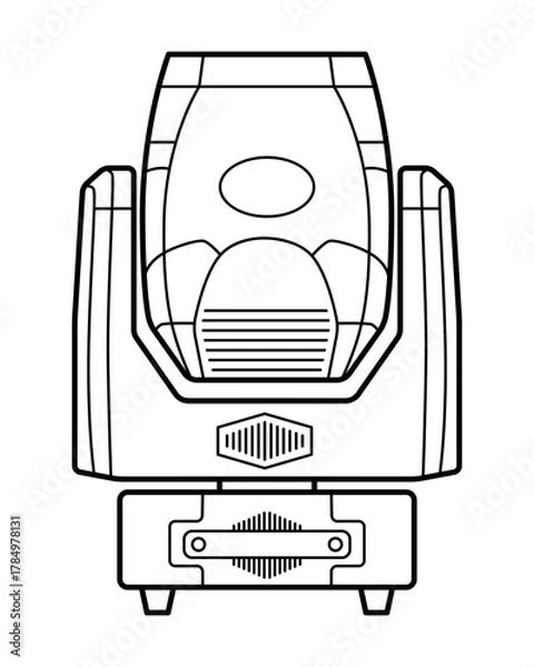 Fototapeta Black-and-white line art illustration of a professional stage moving head light. Detailed front view with vents, display panel, and mounting base. Ideal for lighting design, event equipment