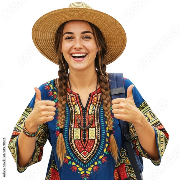 Obraz Woman with straw hat and colorful dress giving thumbs up isolated on transparent background