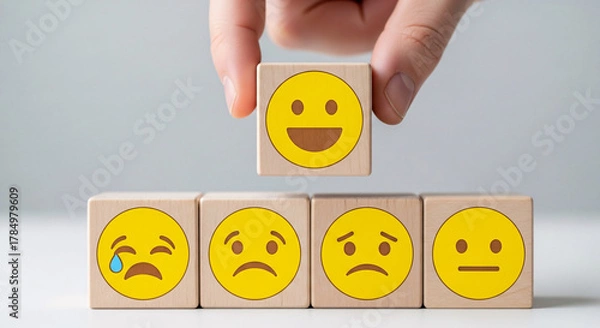 Obraz Hand selecting happy face wood block from a set of sad faces isolated on white background