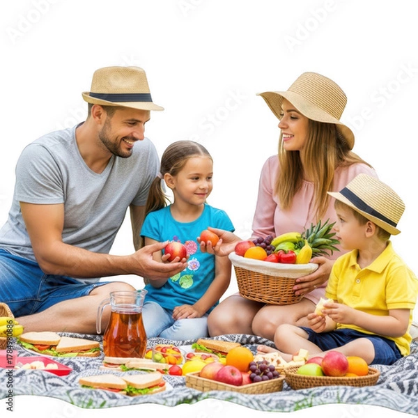 Fototapeta Family enjoying a picnic with fresh fruit and food isolated on transparent background