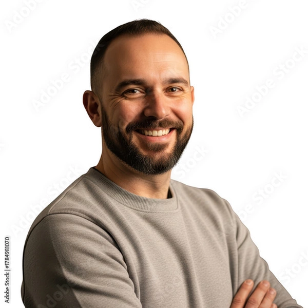 Fototapeta Smiling man with beard and crossed arms isolated on transparent background