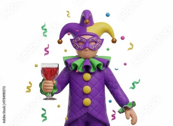 Fototapeta Mardi Gras Jester with Wine, 3D Render, Carnival Celebration, Isolated