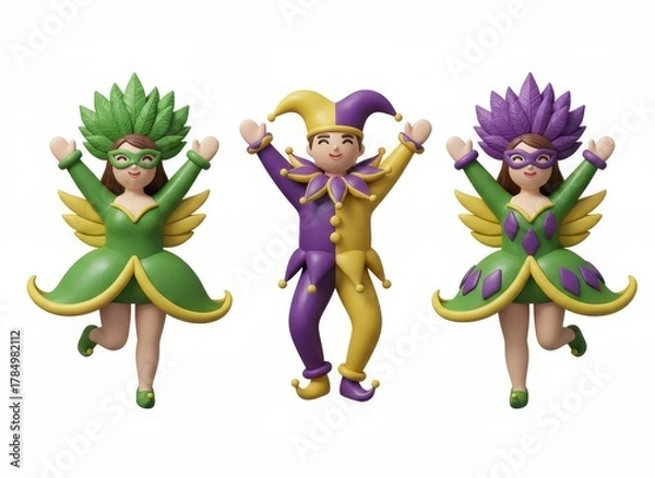Fototapeta Mardi Gras Characters 3D Rendered Jesters in Festive Costumes