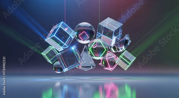 Obraz Abstract geometric shapes with neon lights and reflections on a shiny surface