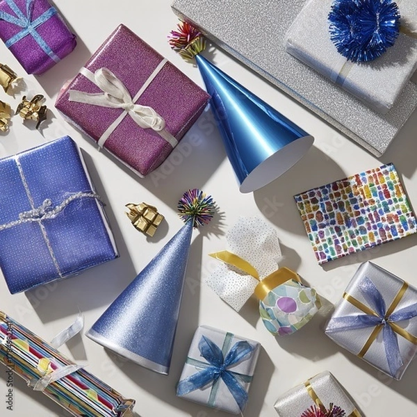 Obraz Overhead view of assorted wrapped gifts and party hats on a white surface in a square composition
