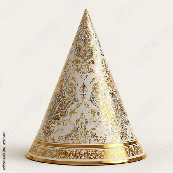 Fototapeta A decorative cone with white background and golden floral pattern design in a studio setting