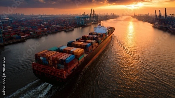 Obraz The Ship's Voyage: An aerial view captures a massive cargo ship navigating a serene waterway at sunset. The vessel, laden with colorful containers, slices through the water with effortless precision.