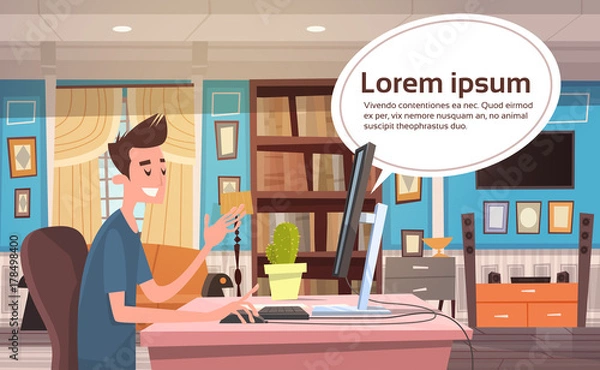 Fototapeta Young Man Working At Computer At Home Banner With Chat Bubble Copy Space From Desktop Monitor Flat Vector Illustration