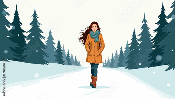 Obraz Woman walking snowy trail among pine forest wearing orange jacket and teal scarf, winter recreation concept