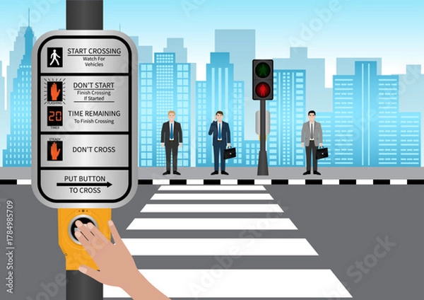 Obraz Hand Pressing Crosswalk Button. Pedestrian Traffic Button. Vector Illustration.