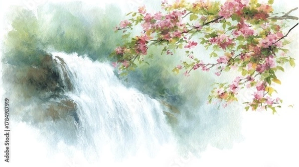 Fototapeta Wet dog running in the snow near a scenic cascade in the mountain landscape