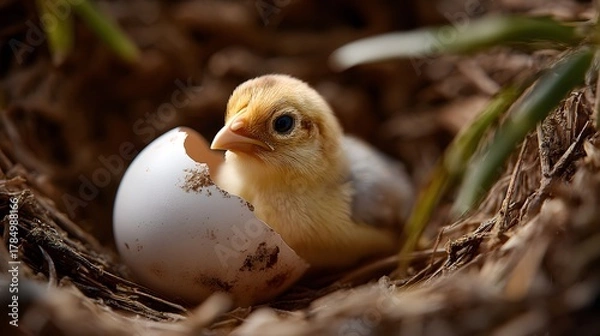 Fototapeta A baby bird on a nest and an egg