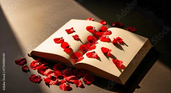 Fototapeta Open book with blank pages and red poppy petals, remembrance concept for Armistice Day.