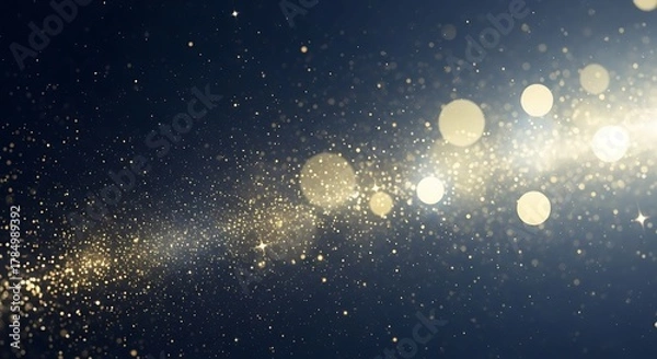 Obraz Golden Glittering Particles And Bokeh Lights On Dark Blue Background