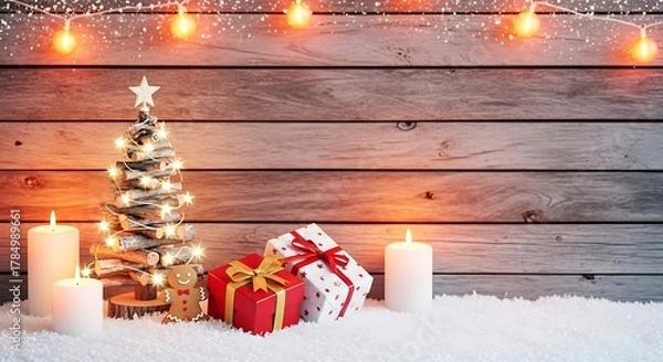 Obraz Rustic Christmas Scene with Twig Tree and Gifts wooden