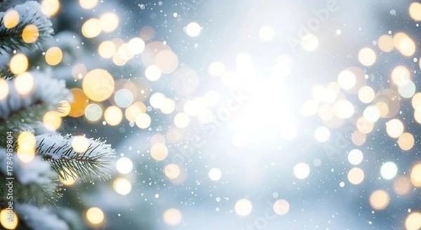 Fototapeta Soft Focus Christmas Tree Lights and Snow bokeh blurred