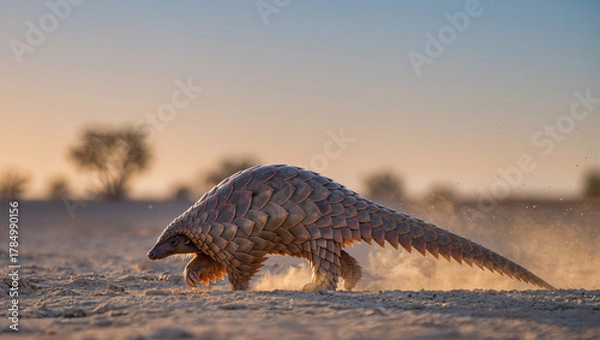 Fototapeta Pangolin walking across dusty savanna at sunset. Rare wildlife photo symbolizing conservation and exotic nature protection.