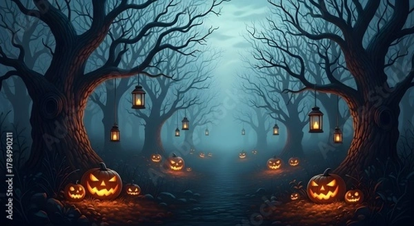 Obraz Eerie halloween forest path lined with glowing jack o lanterns and hanging lanterns at twilight