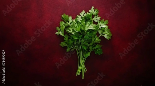 Fototapeta Fresh bunch of vibrant green parsley herb tied with string on a dark red textured background