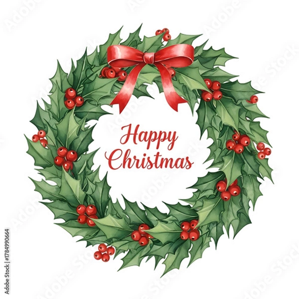 Fototapeta Watercolor christmas wreath with red bow and berries isolated on transparent background