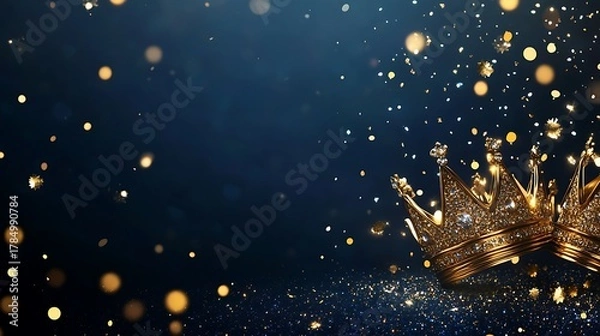 Fototapeta Sparkling golden fireworks burst against a dark blue night sky with scattered bokeh lights