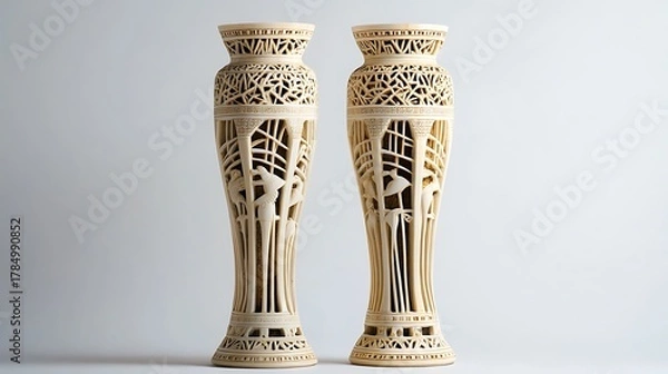 Fototapeta Two intricately carved antique ivory tusks with detailed openwork patterns displayed vertically