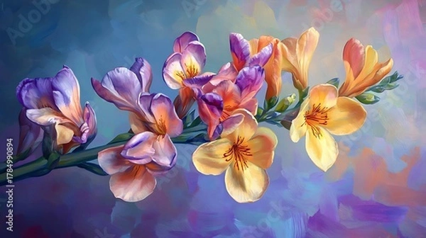 Fototapeta Vibrant freesia flowers bloom in a painterly display of purple orange and yellow hues