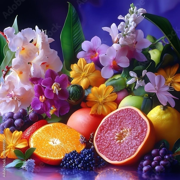 Fototapeta Vibrant still life arrangement of fresh fruits and delicate orchids in a colorful composition