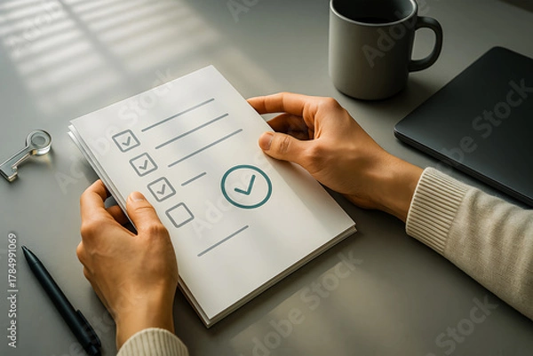 Fototapeta Person reviewing a project checklist at a modern office desk