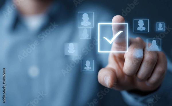 Fototapeta Focused man using finger touching screen for choosing candidate in human resource recruitment. selection process shows positive technology interface concept