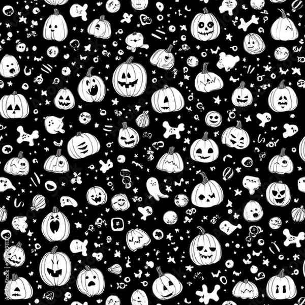 Fototapeta Whimsical hand drawn black and white halloween pattern with cute jack o lanterns and spooky icons