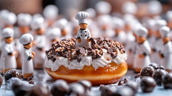 Fototapeta Whimsical miniature chefs gather around a deliciously decorated donut with chocolate shavings